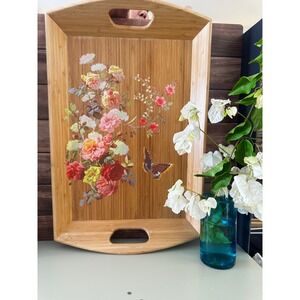 Floral Bamboo Serving Tray with Handles Rose Butterfly Botanical Wood Platter